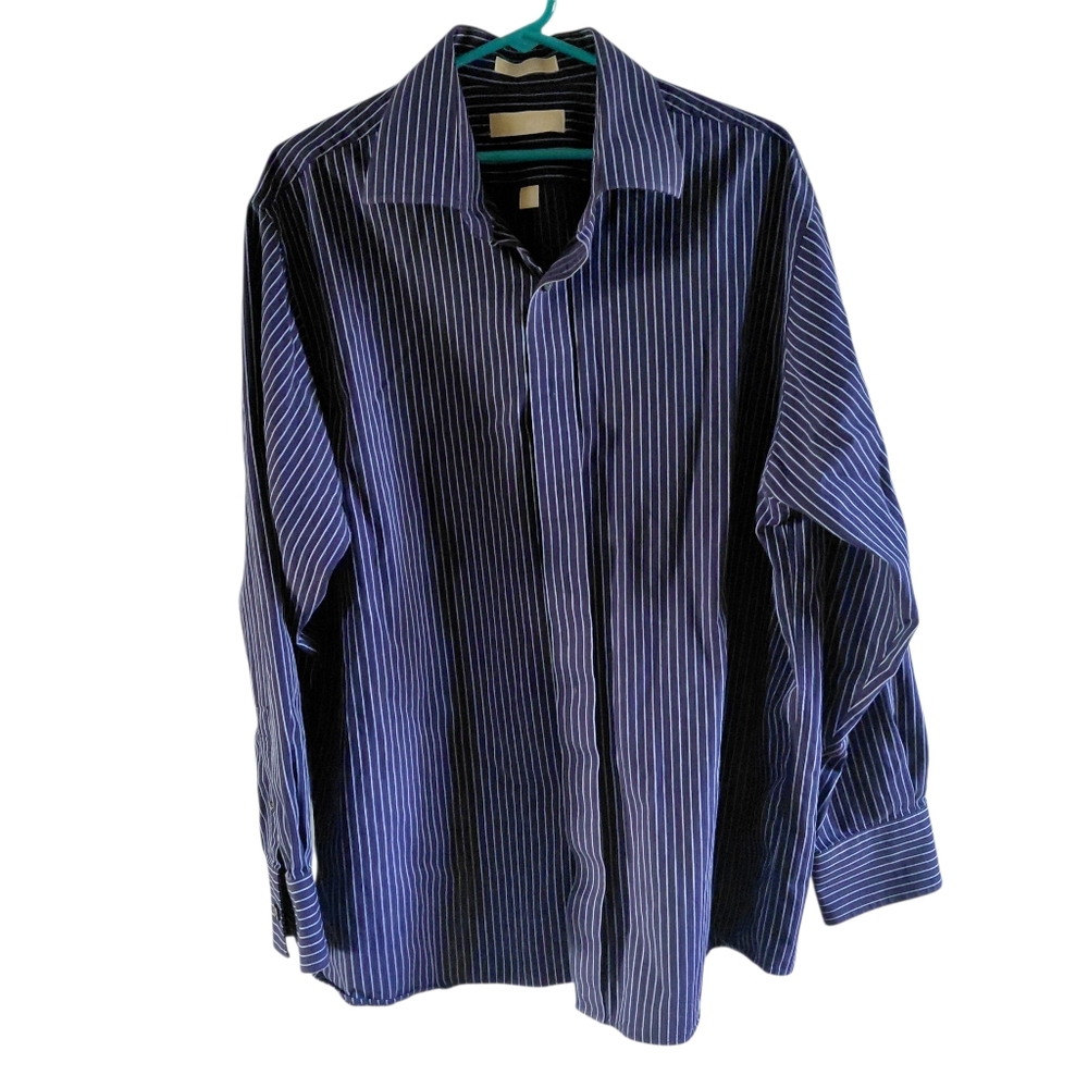 Michael Kors Men's Blue Pinstripe Dress Shirt Size 17.5 Button Down